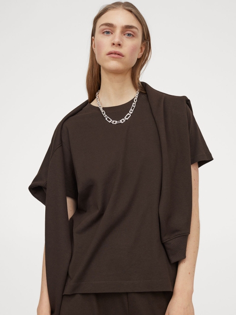 

HM Women Brown Solid Cotton Pure Cotton T-shirt
