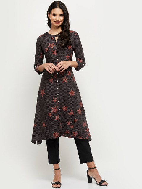 

max Women Grey Quirky Printed Keyhole Neck Kurta