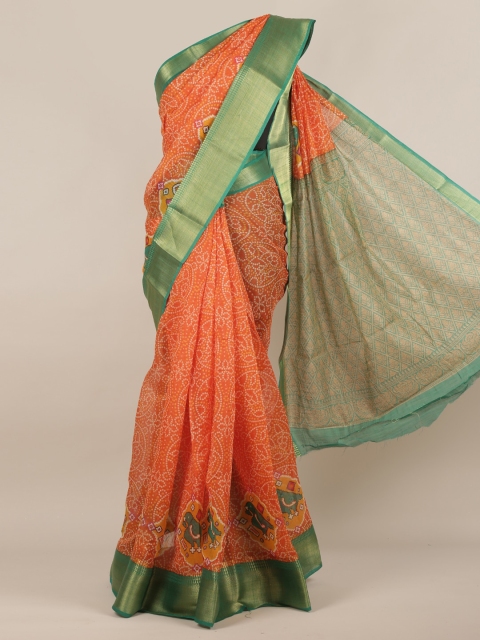 

Pothys Orange & Green Jute Silk Printed Saree
