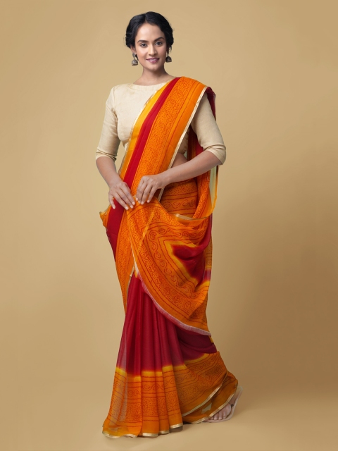 

Unnati Silks Red & Orange Pure Chiffon Colourblocked Baluchari Saree