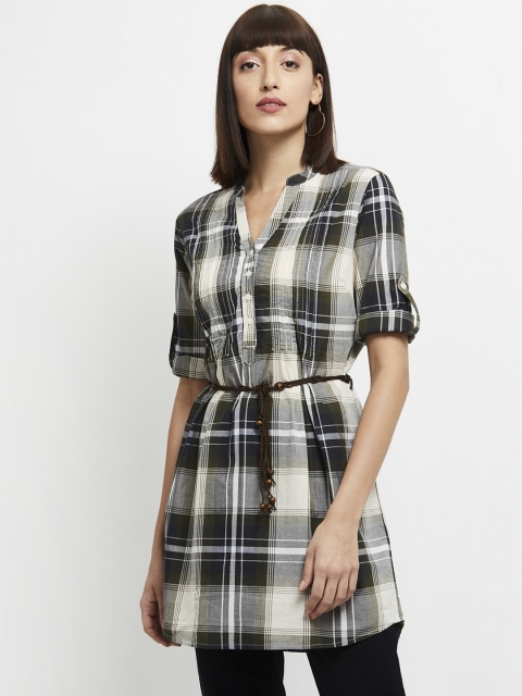 

max Women White & Black Cotton Checked Tunic