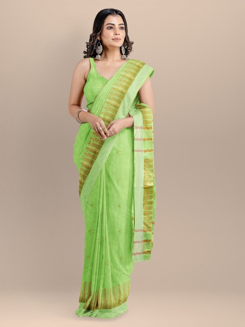 

BharatSthali Green & Gold-Toned Pure Cotton Woven Design Maheshwari Handloom Saree
