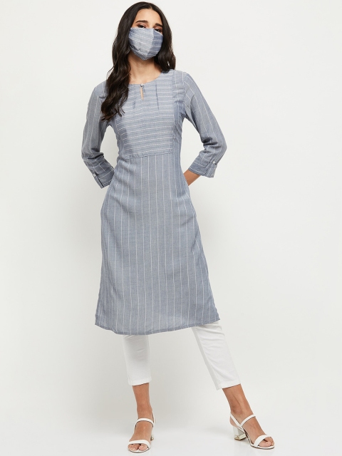 

max Women Grey Striped Keyhole Neck Kurta