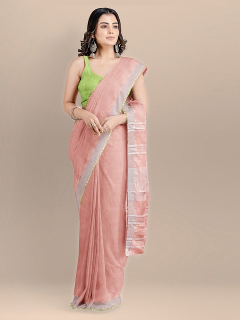 

BharatSthali Peach-Coloured Pure Cotton Solid Handloom Mangalagiri Saree