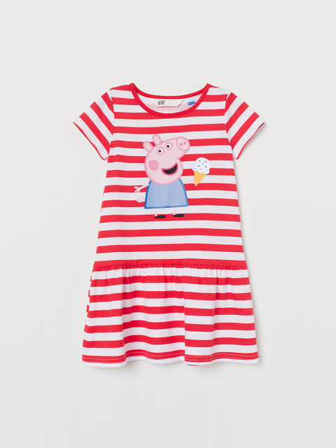 

H&M Girls Red & White Pure Cotton Striped Peppa Pig Printed Jersey Dress