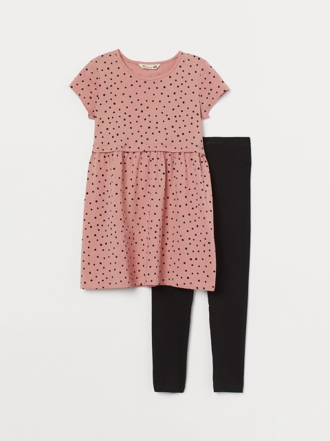 

H&M Girls Pink and Black Printed Dress with Leggings