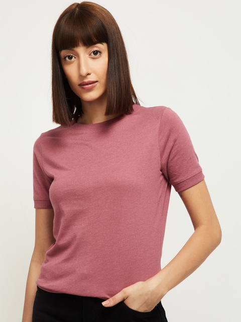 

max Women Mauve Solid Round Neck T-shirt