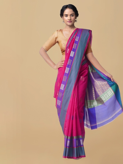 Unnati Silks Pink & Blue Silk Cotton Woven Design Banarasi Saree