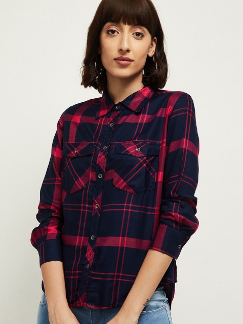 

max Women Blue Regular Fit Checked Casual Shirt