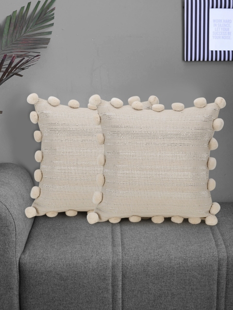 

Mezposh Cream-Coloured & Silver-Toned Set of 2 Self Design Square Cushion Covers