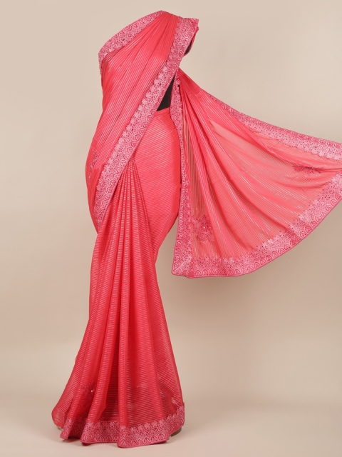 Pothys Pink Striped Poly Georgette Saree
