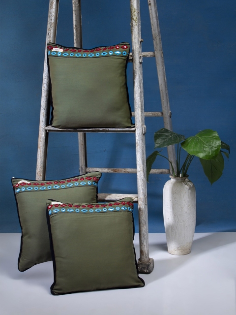 

I AM FOR YOU Olive Green Set of 3 Solid Square Cushion Covers