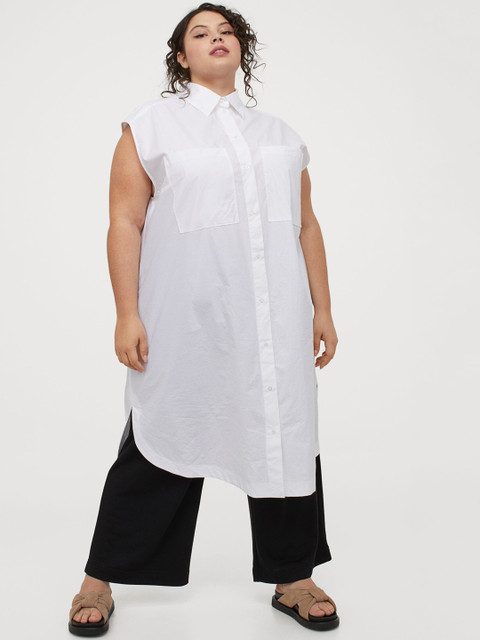 

H&M Women Plus Size White Solid Sleeveless Cotton Shirt Dress