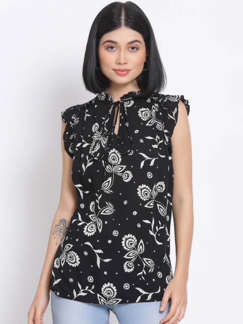 

Oxolloxo Black Floral Printed Tie-Up Neck Regular Top