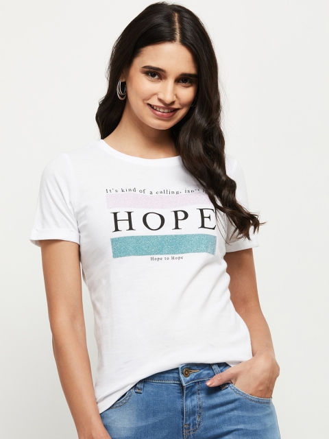 

max Women White Printed Round Neck Cotton Pure Cotton T-shirt