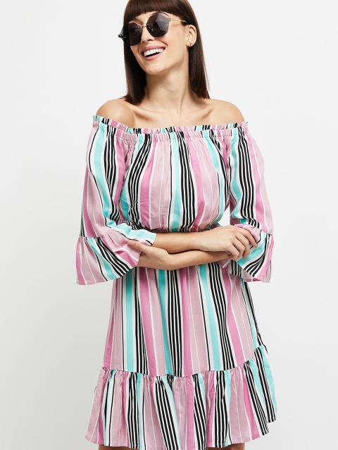 max Women Multicoloured Striped Blouson Dress, Multi