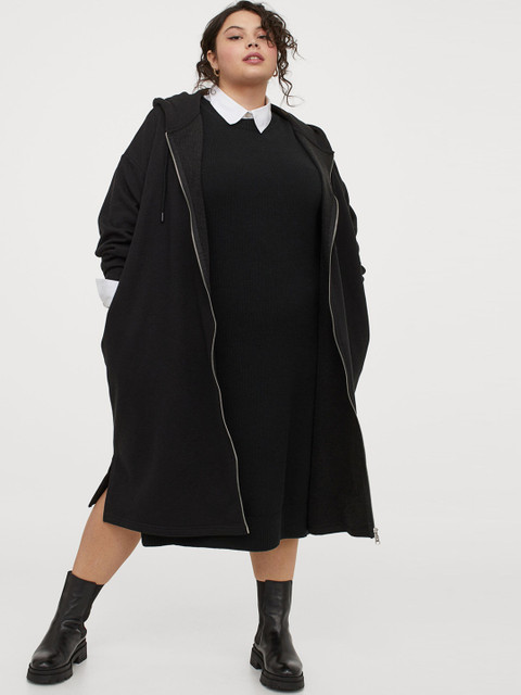 

H&M+ Women Black Long Zip-Through Sustainable Hoodie