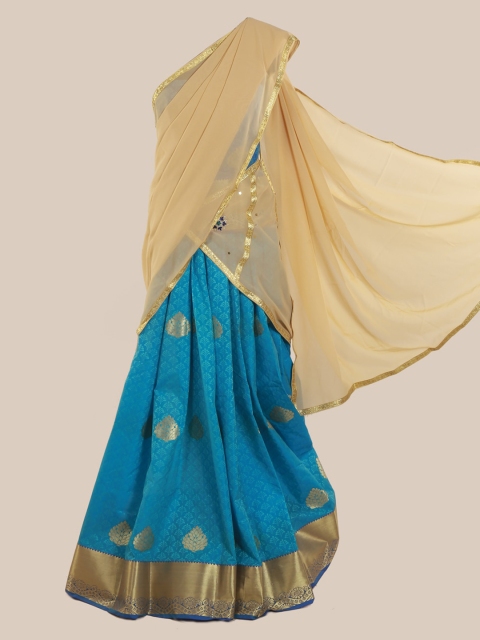 

Pothys Cream-Coloured & Blue Poly Chiffon Woven Design Half Saree