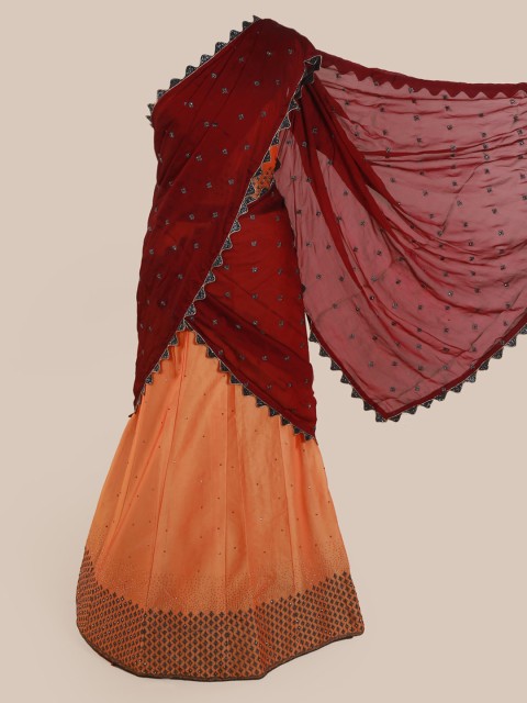 

Pothys Magenta & Orange Poly Chiffon Embroidered Traditional Half Saree