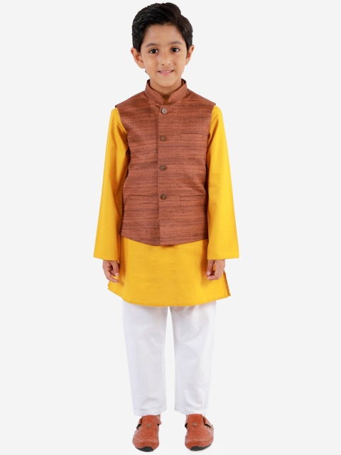 

VASTRAMAY Boys Mustard Yellow & White Kurta with Pyjamas & Nehru Jacket