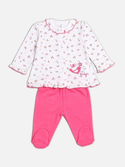 

TOFFY HOUSE Girls White & Pink Printed Top with Pyjamas