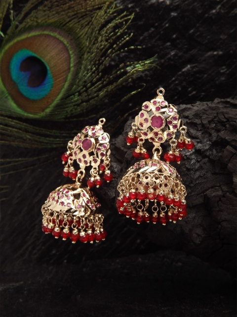 

DUGRISTYLE Gold-Plated Red Handcrafted Dome Shaped Jhumkas