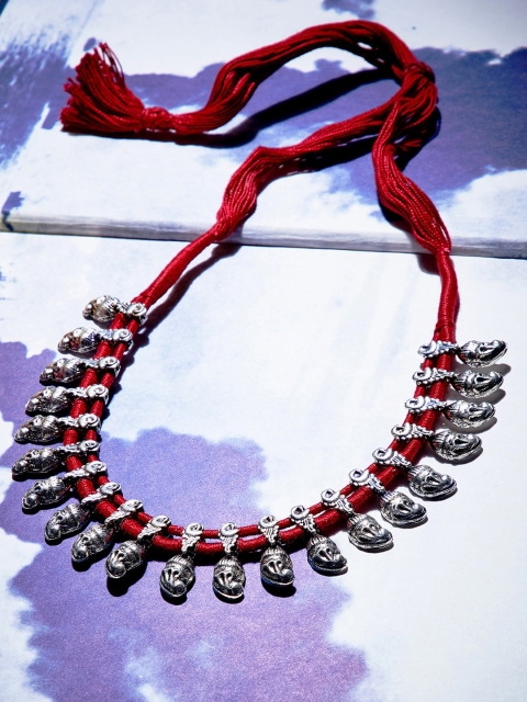 

ZeroKaata Silver-Toned & Red Alloy Silver-Plated Tribal Necklace