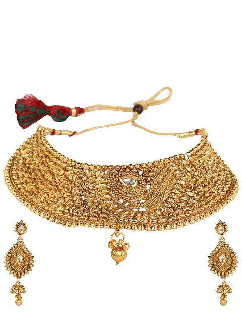 ANIKAS CREATION Gold-Plated Traditional Kundan And Embossed Choker Necklace Set