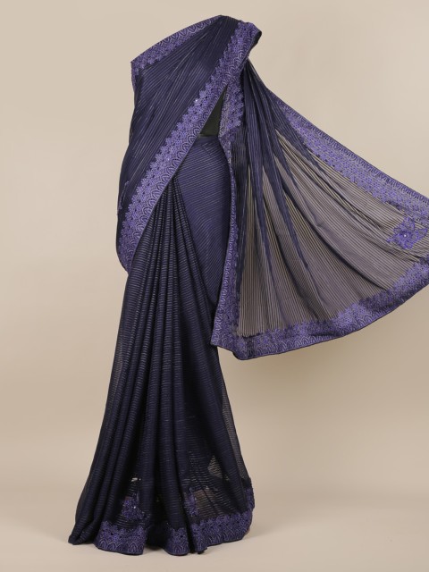 

Pothys Navy Blue Striped Poly Georgette Saree