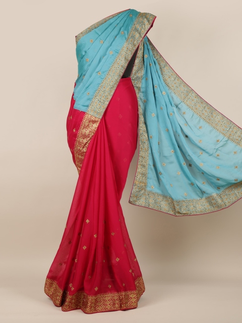 

Pothys Blue & Red Poly Chiffon Embellished Saree