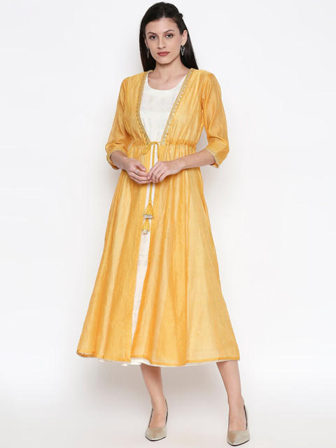 

RANGMANCH BY PANTALOONS Women Yellow & White Printed Anarkali Layered Kurta