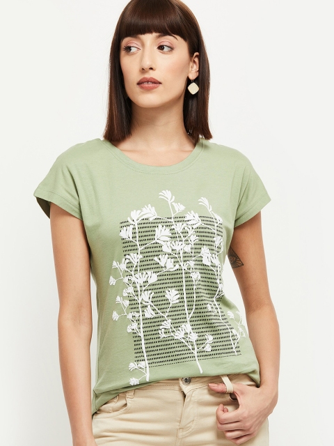 

max Women Green Printed Round Neck Cotton T-shirt