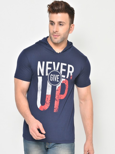 

Chkokko Men Navy Blue Printed Hood T-shirt