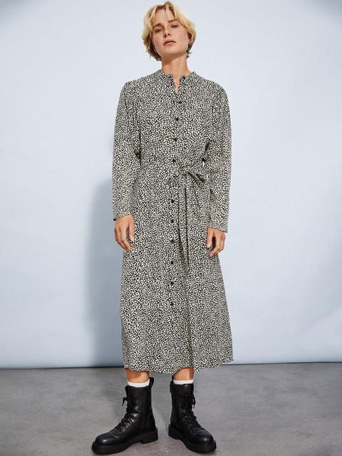 

H&M Women Black & Beige Printed Calf-Length Dress