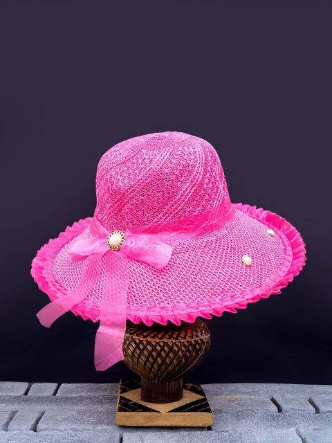 

Golden Peacock Women Pink Woven-Design Straw Sun Hat