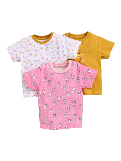 

BUMZEE Unisex Kids Pack Of 3 Printed Round Neck Combed Interlock Cotton Pure Cotton T-shirt, Pink