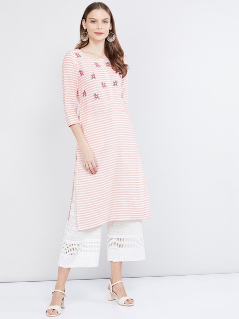 

max Women Peach-Coloured & White Striped Cotton Flax Kurta