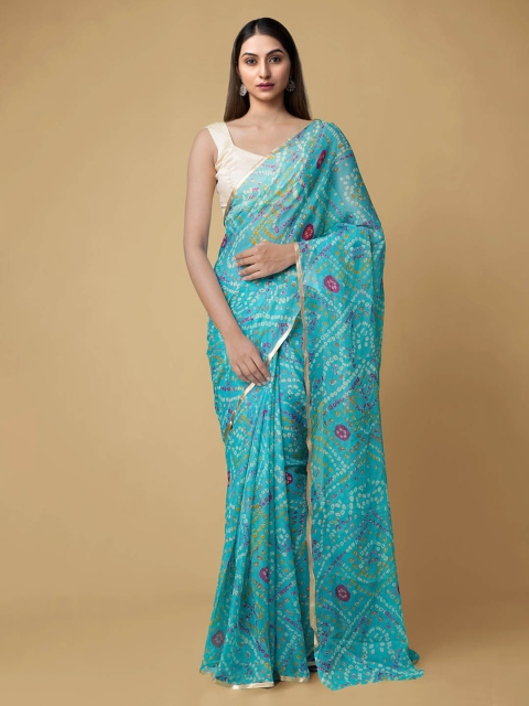 

Unnati Silks Turquoise Blue Pure Chiffon Printed Baluchari Saree