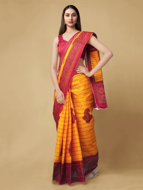 

Unnati Silks Orange & Red Pure Cotton Printed Kovai Saree