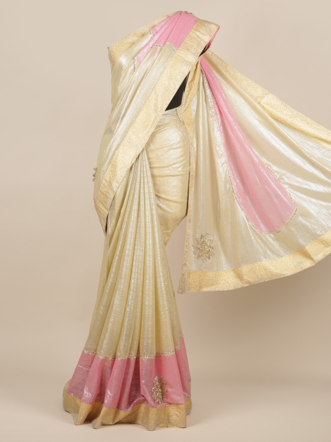 

Pothys Cream-Coloured & Pink Poly Georgette Solid Saree