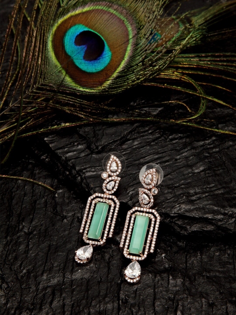 

DUGRISTYLE Green & Rose Gold-Plated AD-Studded Contemporary Drop Earrings