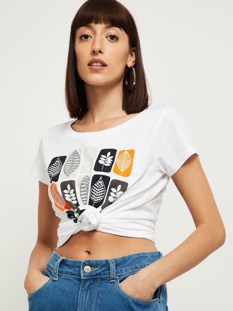 

max Women White Printed Round Neck Cotton Pure Cotton T-shirt
