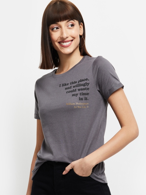 

max Women Charcoal Grey Printed Round Neck T-shirt