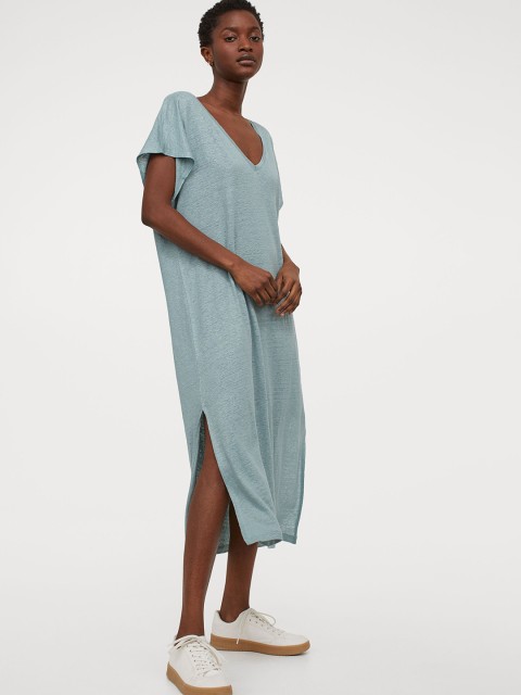 

H&M Women Turquoise Blue Solid Linen Dress
