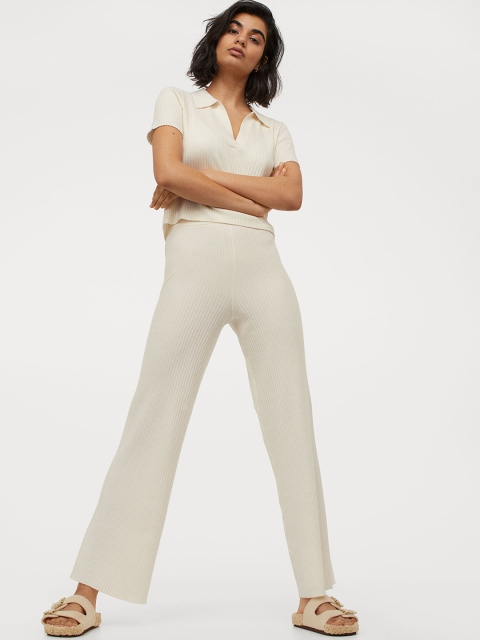 

H&M Women Off-White Rib-Knit Sustainable Trousers