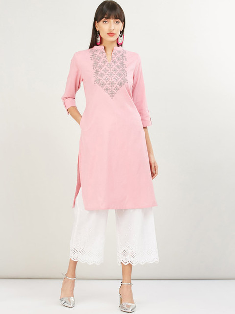 

max Women Pink Ethnic Motifs Yoke Design Cotton Flax Kurta