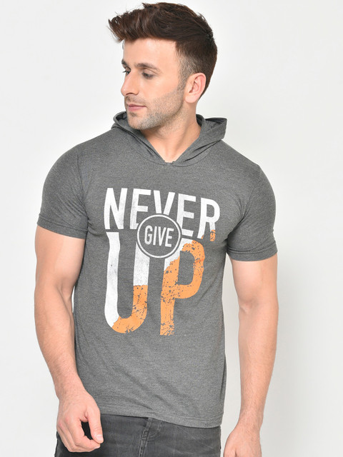 

Chkokko Men Grey Melange & White Typography Printed T-shirt