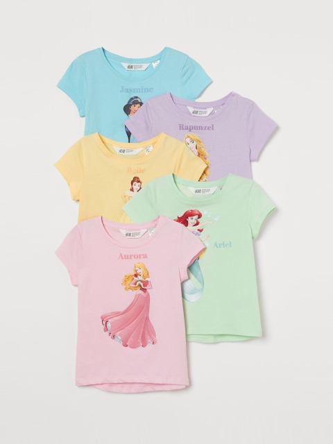 

H&M Girls 5-Pack Pure Cotton Printed Jersey Tops, Purple