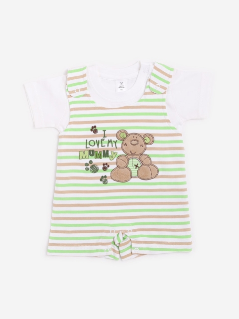 

TOFFY HOUSE Infant Boys White & Green Striped Cotton Romper With T-Shirt