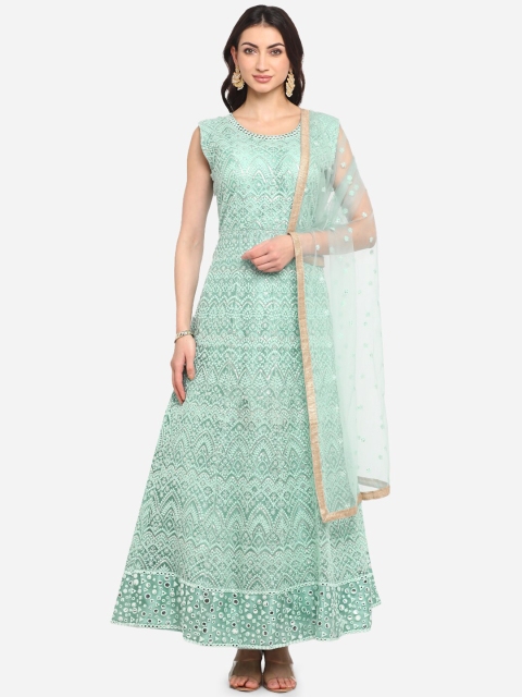 

BOMBAY SELECTIONS Women Sea Green Embroidered Kurta with Churidar & Dupatta